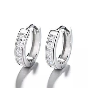 925 Sterling Silver Plated Square CZ Huggie Hoop Earrings 16mm Unisex